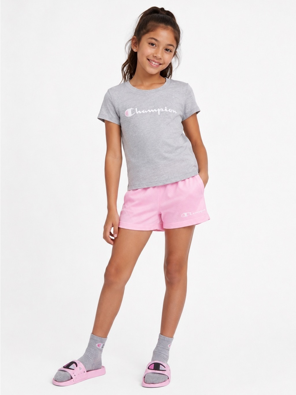 CHAMPION GIRLS SPORTY 2 PC SHORT SET - SIZE 6X GRAY/PINK (NEW WITH TAGS) A12